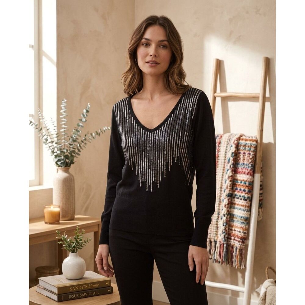 Worthington Top Womens S Black Sequin Knit Long Sleeve Pullover Party Holiday